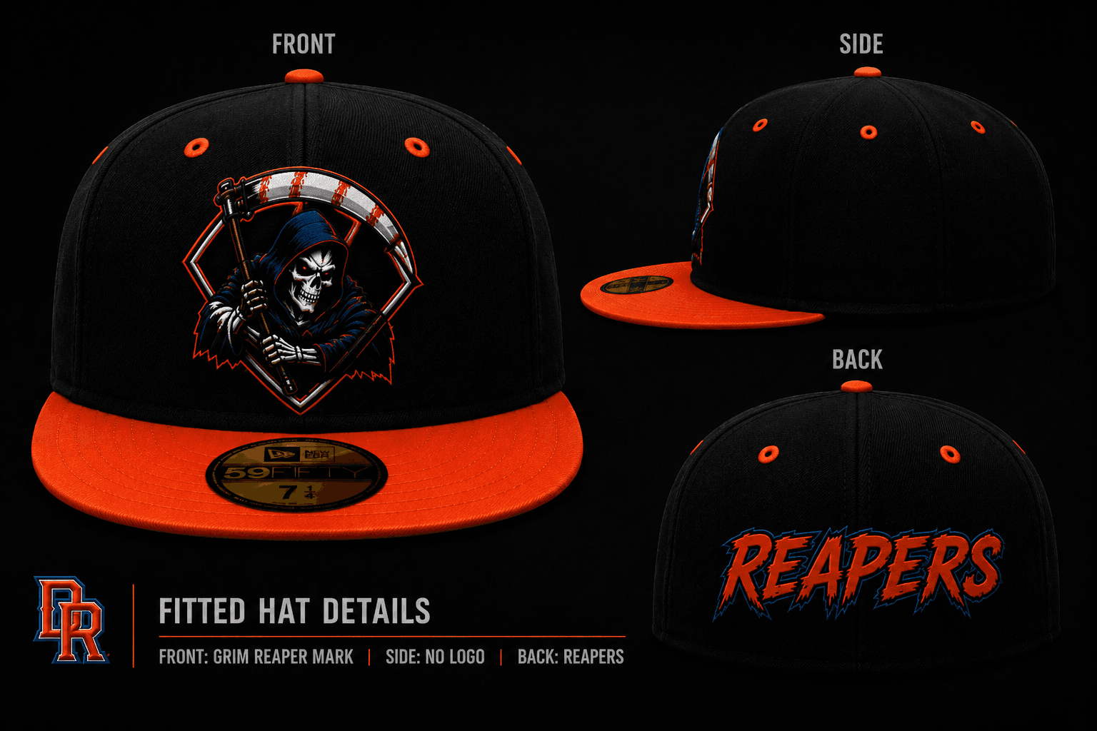 Fitted black and orange hat shown from the front with the grim reaper mark, from the side with no logo, and from the back with REAPERS lettering