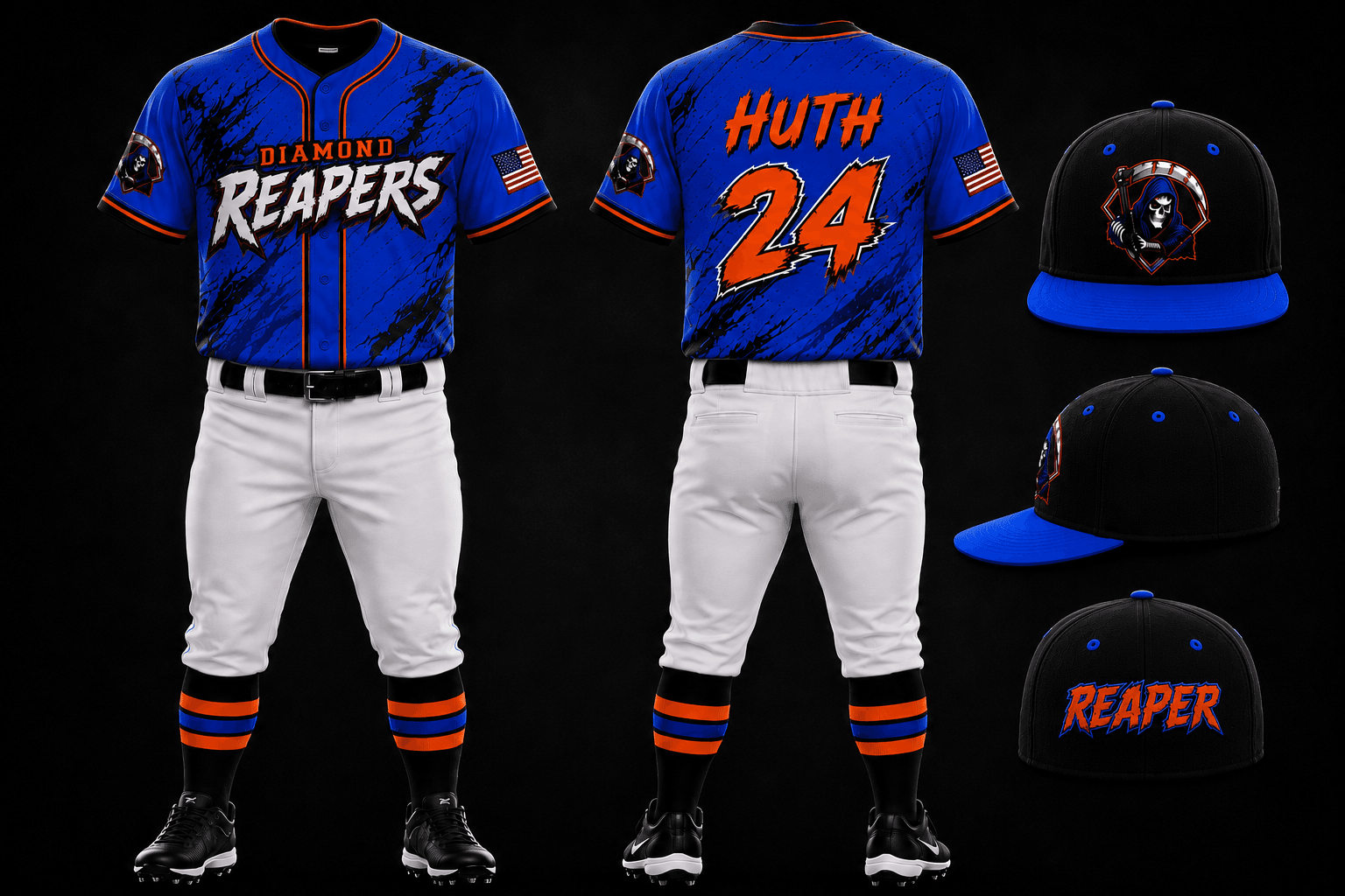 Blue Diamond Reapers championship jersey with black and orange accents, shown front and back with HUTH and number 24, alongside the fitted black and blue hats