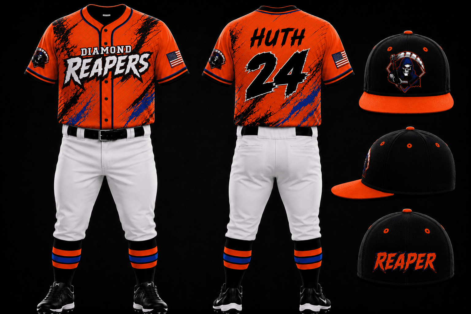Orange Diamond Reapers away game jersey with black and blue accents, shown front and back with HUTH and number 24, alongside the fitted black and orange hats